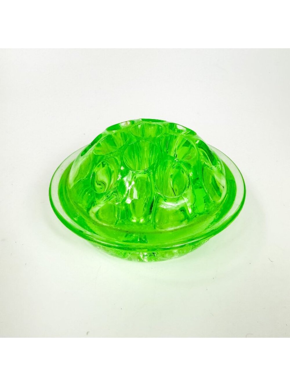 Vintage Uranium Glass Round Domed Flower Frog 4" With 13 Holes